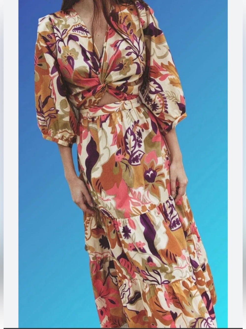 Zara Floral Tie-Front Maxi Dress in Cream, Orange, Mustard and Plum